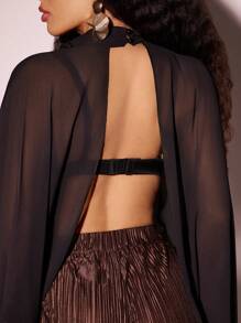 Vixey Sheer Chiffon Draped Sleeve Open Back Cape Top, Boho, Poncho, Cute Summer Tops - Black - View 4