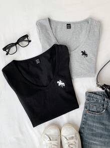 Comfortcana 2pcs Ladies V-Neck Embroidered Knight Short Sleeve T-Shirts - Multicolor - View 4