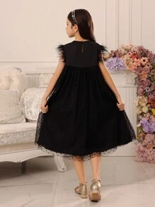 Tween Girls Elegant Party Polka Dot Mesh Patchwork Dress - Black - View 2