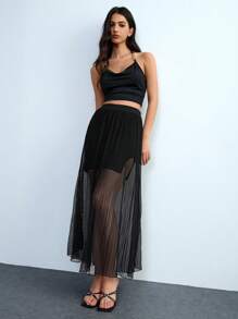 Lumivelle Mesh Patchwork Solid-Color Bodycon Maxi A-Line Pleated See-Through Open Slit Elegant Formal Party Date Night Sexy Commuter Pure Chiffon Women Long Skirt Y23K