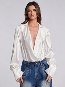 SHEIN BAE Women's Solid Color Draped Neck Long Sleeve Sexy Bodysuit - White - View 7