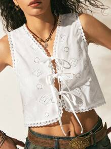 Easelle 2025 New Arrival  Spring/Summer Vintage Bohemian Women
Hollow Embroidery White Woven Sleeveless Front Tie-Up Shirt - White - View 4