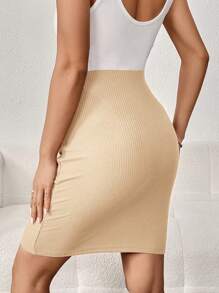 SHEIN Solid Beige Maternity Pencil Skirt- Comfortable And Stretchy Ribbed Knit Skirt For Everyday Wear