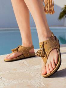 Styleloop Women's New Brown Rivet Tassel Decor Back Strap Thong Soft Cork Sandals, Luxury Fashion Versatile Casual Beach Retro Boho Style Lightweight Outdoor Holiday Flat Sandals - Brown - View 6