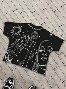 ROMWE MEN Street Life Men's Cross Print Round Neck Short Sleeve Casual T-Shirt - Multicolor - View 4