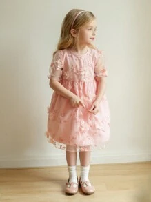 SHEIN 年轻女孩纯色优雅圆领 3D 花卉网眼泡泡短袖 A 字迷你连衣裙，春/秋 - 粉色 - 查看 9