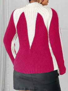 Celure Suéter ajustado de manga larga, cuello redondo, tejido a punto con bloques de color para mujeres de talla grande en otoño/invierno
