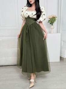 Feyla Women's Elegant Color Block Floral Print Mesh Splice Long Dress - Green - View 5