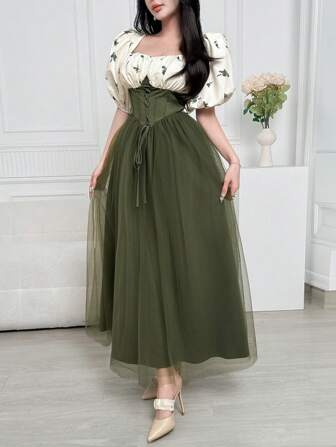 Feyla Women's Elegant Color Block Floral Print Mesh Splice Long Dress