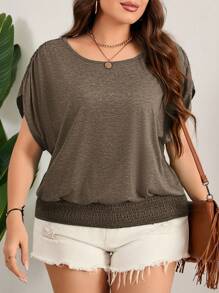 EMERY ROSE 加大码彩色复活节图案T恤，宽松圆领休闲T恤，下摆收褶设计，适合度假休闲、节日和夏季穿着，女士款 - 棕色 - 查看 2