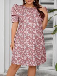 SHEIN Clasi Plus Size Elegant Solid Jacquard Gigot Sleeve Dress,Beach Dress Sundress,Holiday Outfits Boho