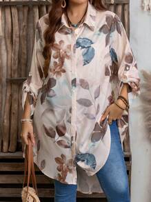 EMERY ROSE Plus Size Floral Print Roll Up Sleeve Casual Vacation Shirt Spring Outfits For Women West Country
