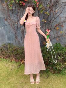 DAZY Váy midi họa tiết ren Jacquard cổ vuông viền xếp nếp chắp vá cho mùa cưới dành cho nữ Đầm suông - Hồng - Xem 5