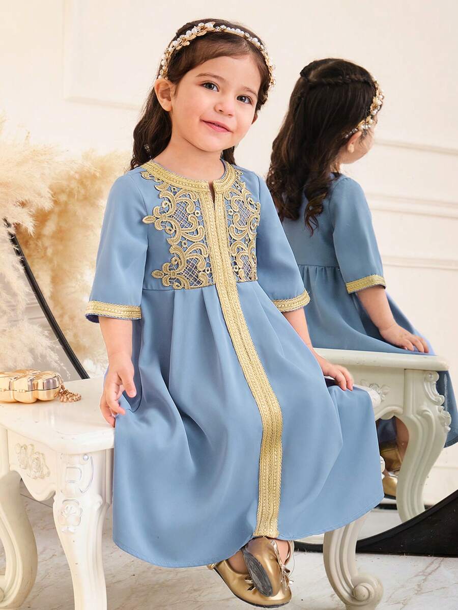 SHEIN 女婴纯色拼接金线编织缎带长裙 - 藍色 - 查看 1