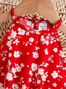 SHEIN Leap Crew Young Girl Woven Ditsy Floral Sleeveless Romper - Red - View 6