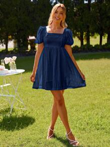 SHEIN VCAY Women's Elegant Fashion Solid Color Puff Sleeve Dress For Spring Summer Vacation - Navy Blue - View 5