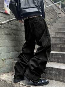 Men's Fashionable Distressed Flared Leg Jeans - Black - View 2