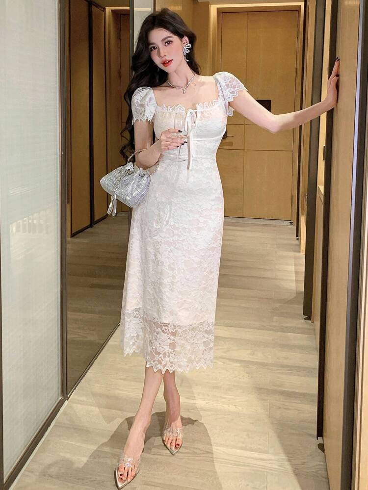 Women's Elegant Solid Color Lace Off Shoulder Mid-Length Dress, Milkmaid Dress, Dress For Wedding Dress
