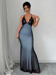 Elenzga V 领撞色蕾丝露背交叉带鱼网美人鱼下摆紧身吊带裙女式超长女装