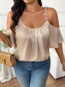 SHEIN Frenchy Plus Size Women's Elegant Simple Ruched Floral Splice Metallic Coating Hollow Shoulder Blouse,Summer Shirts