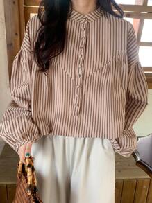 FRIFUL Women's Striped Loose Linen Casual Button-Down Shirt, Nature Style For Summer,Fall Clothes - Khaki - View 1