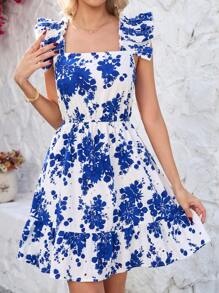 SHEIN Clasi Vestido corto con escote cuadrado y mangas de campana con estampado floral azul para primavera y verano