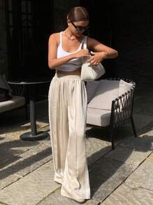 Livesso Women's Contrast Lace Elastic Waist Wide Leg Pants,Back To School Clothes Fall Carnival - Apricot - View 6