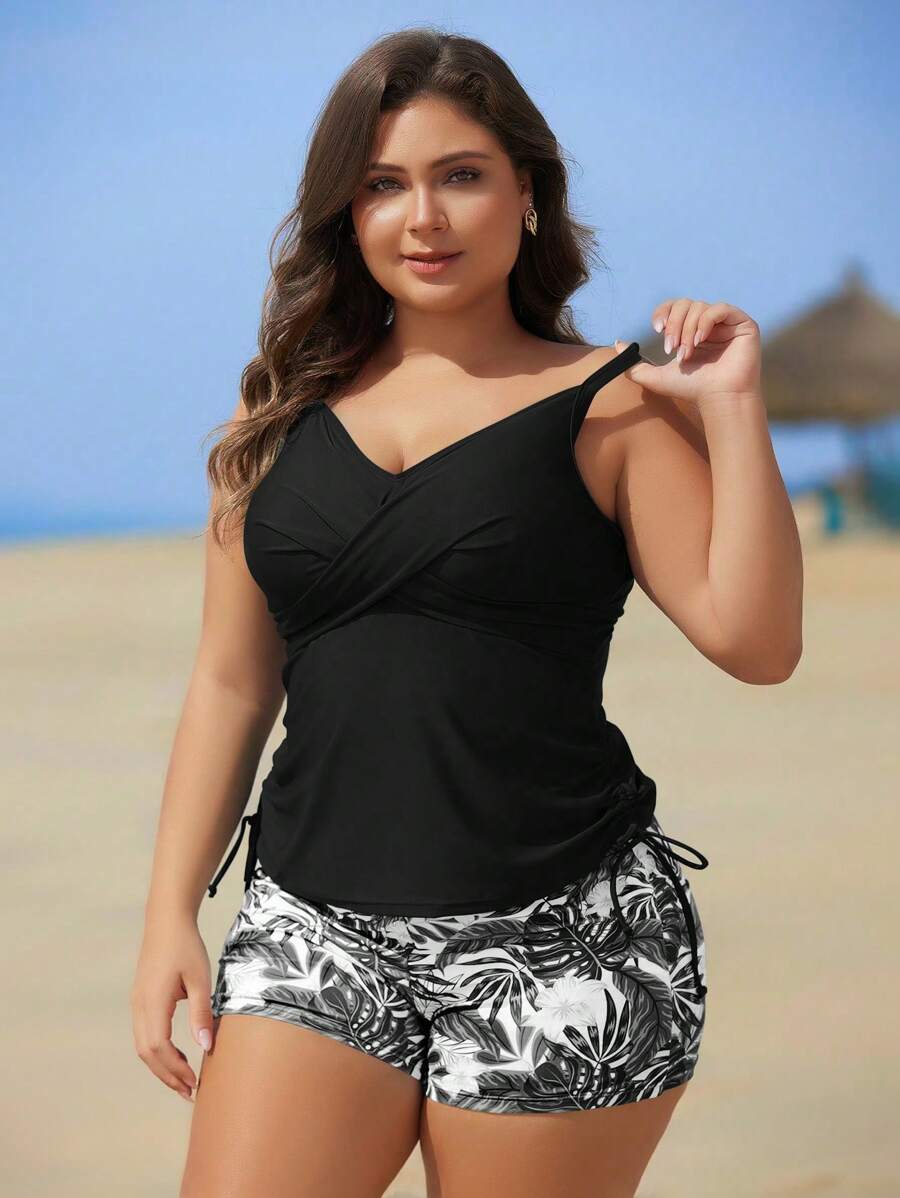Swim Lushoire Plus Size Women 2pcs/Set Floral Print Tankini Swimwear, Conservative Four-Leg Style, Slimming, For Summer Beach Vacation - Black - View 1