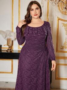 Modelyn Elegant Jacquard Knit Long Sleeve Slim-Fit Plus Size Midi Dress, Spring & Autumn Fall Cloth For Women