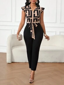 SHEIN Lady 荷叶边盖袖几何图案印花衬衫女式连体裤优雅派对、休闲日常、四季 - 彩色 - 查看 4