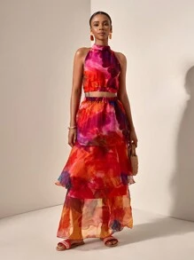 Zivah 2 件套情人节扎染露背上衣搭配多层荷叶边裙