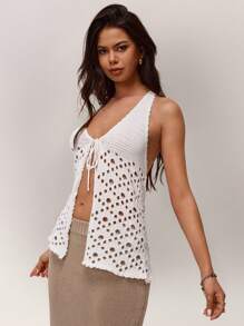 Forever 21 女士纯色镂空针织系带露背挂脖毛衣 - 杏色 - 查看 5