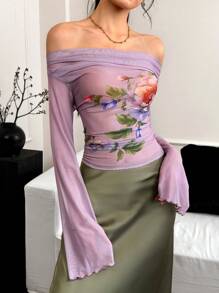 EastFlair 女士露肩长袖休闲上衣，简约时尚，适合日常穿着 - 紫色 - 查看 5