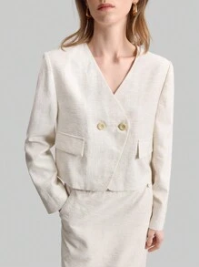 Ontre Women's Stand Collar Double-Breasted Long Sleeve Short Suit Jacket, Urban Vintage Style, Linen Material