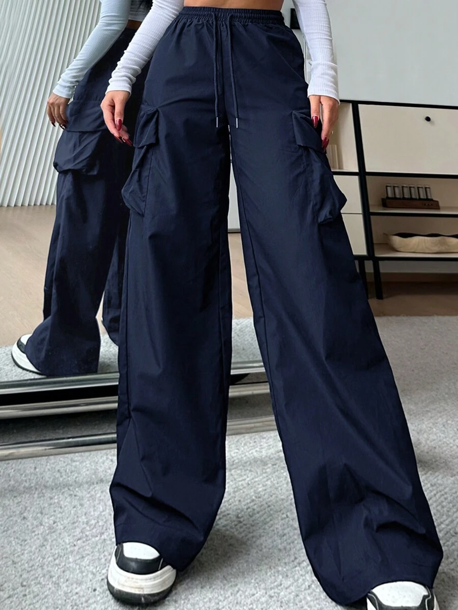 SHEIN EZwear 女士休闲纯色高腰阔腿裤宽松工装裤女士降落伞裤女士宽松裤女士海军蓝裤女士工装裤女士超大号裤子降落伞裤女士工装裤女士宽松海军蓝裤女士工装裤女士工作裤女士超大号裤子女士阔腿裤女士高腰女士工装裤 - 藏蓝色 - 查看 1