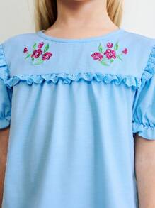 SHEIN Blusa casual con cuello redondo, mangas de farol y detalles de volantes en azul para niñas jóvenes, estilo mori para primavera - Azul - Ver 7