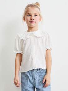 SHEIN Young Girls' Cute Rabbit Ear Collar Contrast Lace Ruffle Lantern Sleeve Loose White Blouses, Spring - White - View 5