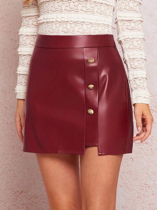 SHEIN Clasi Falda ajustado asimétrica con hebilla de metal en color rojo vino, elegante para salir, citas románticas, primavera y verano