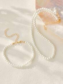 Faux Pearl Decor Beaded Necklace & Bracelet Winter Gifts - White - View 1