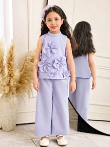 SHEIN 2pcs Set Young Girl Elegant Mock Neck Floral Top & Pants Holiday Outfits - Purple - View 1