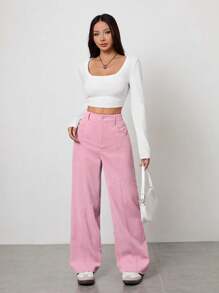 SHEIN PETITE 纯色休闲裤，简约风格，适合日常休闲穿着 - 粉色 - 查看 4