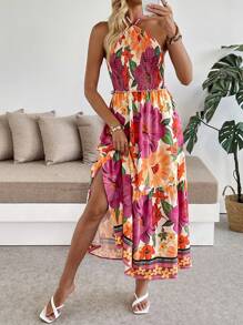 Breezaya Vestido largo con volantes y abertura lateral, estampado digital floral de colores múltiples, sin mangas, para mujer, ideal para playa y vacaciones, primavera/verano - Multicolor - Ver 1