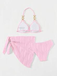 SHEIN Tween Girl Solid Color Halter Bikini Set With Coverup & Mini Skirt - Pink - View 2