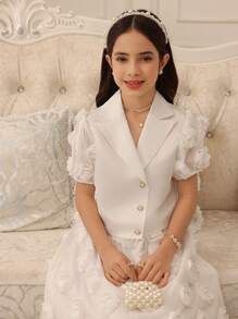 青少年女孩仿珍珠纽扣领泡泡袖衬衫和刺绣裙子 2 件套 - 白色 - 查看 7