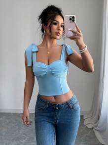 Elenzga Valentine's Day Vixen Bowknot Strap Camisole, Sexy French Design Fitted Crop Top