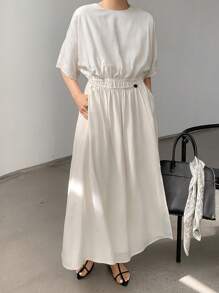 Dazy-Less Lässiges, geschäftsmäßiges, locker designtes asymmetrisches Knopf-Taille Midi-Kleid für Frauen, Outfit für Lehrerinnen