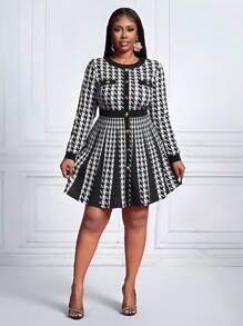 Slaydiva Elegant Fashion Plus Size Women Houndstooth Print Long Sleeve Ruffle A-Line Bodycon Dress,Graduation Dress