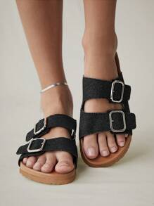 Solecia Sandalias planas negras casuales con hebilla cuadrada de metal, ideales para vacaciones - Negro - Ver 6