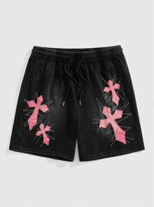 ROMWE MEN Goth Men's Cross Print Drawstring Waist Pocketed Casual Shorts