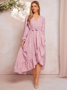 SHEIN Clasi Women Daisy Print Tie Waist Long Sleeve Dress With Ruffle Hem, Elegant Casual Dress For Daily Wear - Multicolor - View 3